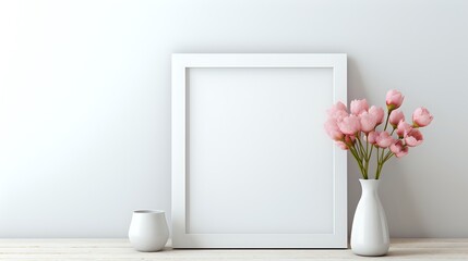 White frame mockup with pink flowers in a vase on a white table