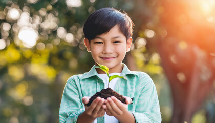 Kid holding young plant in hands against spring green background. Ecology concept