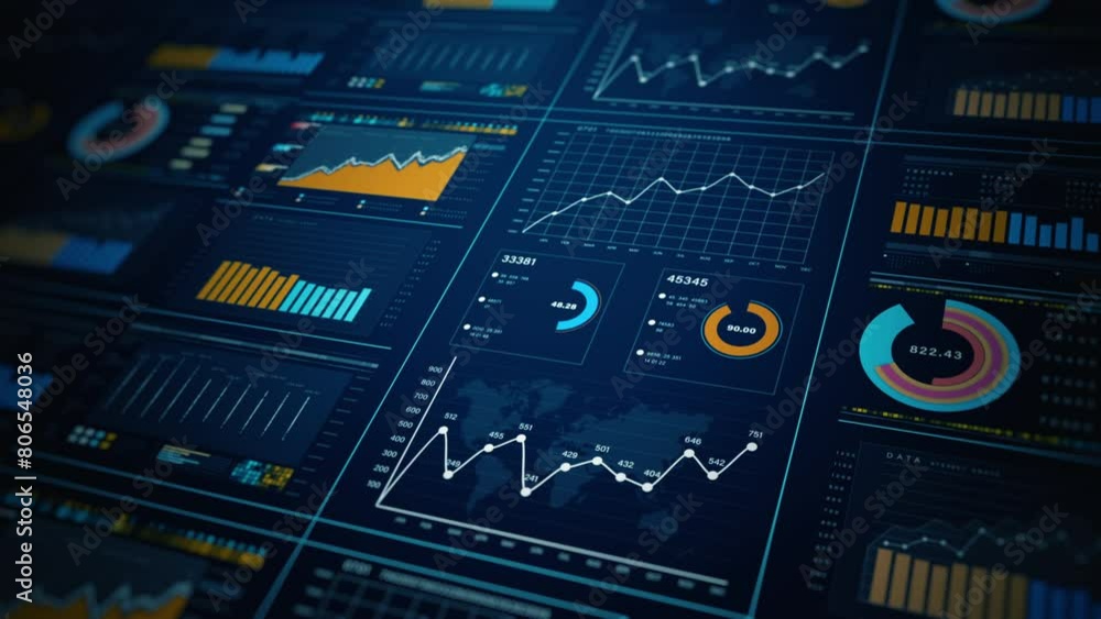 Poster advanced data analytics dashboard display. business and financial investment. hud infographic of fin