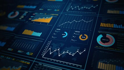 Advanced data analytics dashboard display. Business and financial investment. HUD infographic of financial. Information reports of business strategy for investment. Technology data analysis. - Powered by Adobe