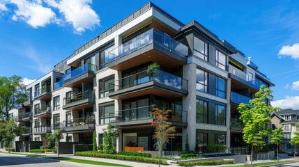 A contemporary condominium building with sleek balconies and glass facades.