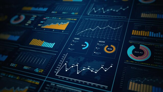 Advanced data analytics dashboard display. Business and financial investment. HUD infographic of financial. Information reports of business strategy for investment. Technology data analysis. - Powered by Adobe