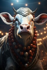 Beautiful portrait of a bull with red beads. 3d rendering