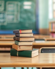 pile of books on desk in classroom with blur background, education concept