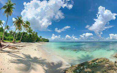 Panorama of a beautiful tropical beach with palm trees, white sand and turquoise water. very impressive view