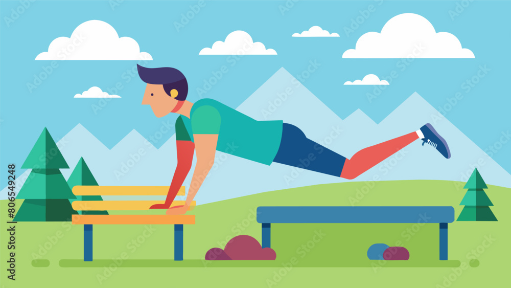 Poster a jogger using a park bench for a quick break incorporating incline pushups and mountain climbers fo