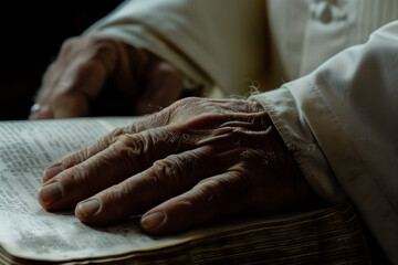 Fototapeta premium priest who puts his hand on the bible and swears close up hand 