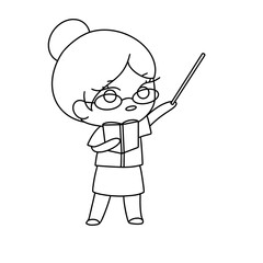 A woman in a school uniform is holding a book and pointing to it