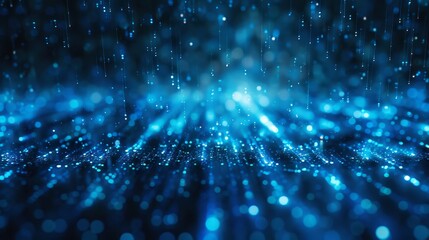 Bright cerulean digital matrix raining down in a cyber environment representing the incessant flow of data in technology