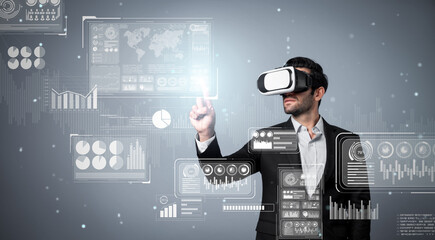 Skilled business man looking data analysis while planning strategy by using visual reality glasses. Professional smart investor checking financial graph holographic while wearing VR goggle. Deviation.