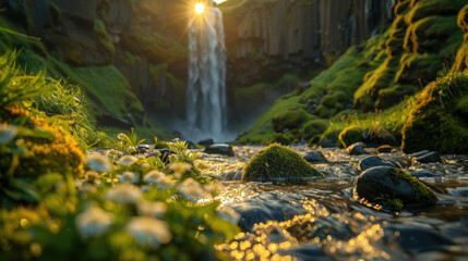 A stunning view of the Skogafoss waterfall in Iceland at sunset, with golden rays reflecting on the flowing water and lush green hills below. Created with Ai - Powered by Adobe