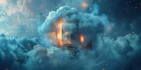 A cloud wrapped around an advanced data center cube floating in the sky, surrounded glowing lights and stars. The scene is set against a dark background with soft lighting