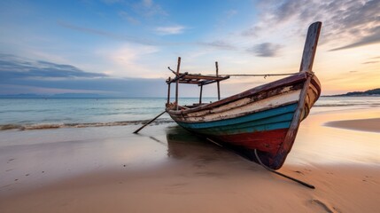 Fishing boats at sunrise on the beach.AI generated image