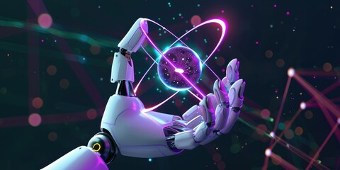 A white robot hand holding an atom with glowing neon blue and purple outlines on a dark background in a close up shot, 3D rendered illustration
