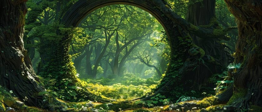 An enchanted mirror reflecting an ancient mystical forest serving as a window to hidden magical realms