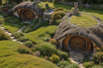 Colorful Gardens: Aerial View of Quaint Hobbit Houses"