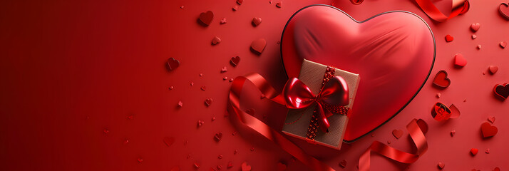 Heart-Shaped Box and Gift on Red Background