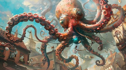 A large octopus with a blue object in its mouth is floating above a city. The scene is surreal and imaginative, with the octopus appearing to be a part of the cityscape