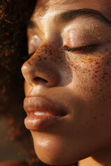 Fototapeta premium Close up of beautiful African American black woman with freckles in sunlight outdoors with her eyes closed with glitter eye shadow, natural beauty concept, Generative AI