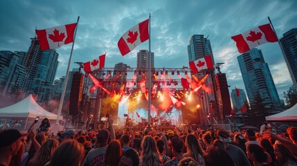 Outdoor concert in Vancouver celebrating Canada Day, stage with Canadian flags and enthusiastic crowd,