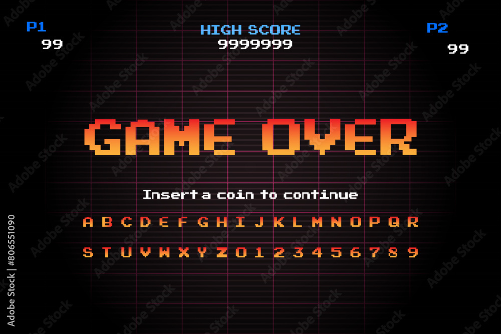 Poster game over retro arcade game machine background .8 bit game.retro game. screen background and font.