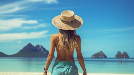 Portrait of woman standing with straw hat on tropical island beach with clear blue water.AI generated image