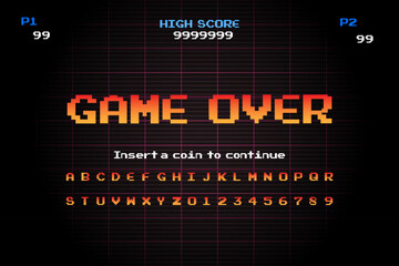 Game Over Retro arcade game machine background .8 bit game.retro game. Screen background and font. © Maderla
