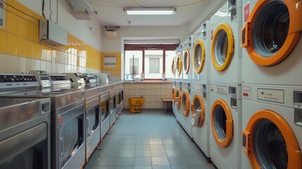 Obraz premium Laundry with a row of clean and modern washing machines