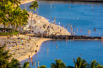 Kuhio Beach in Waikiki Packed with Visitors Just Before Sunset