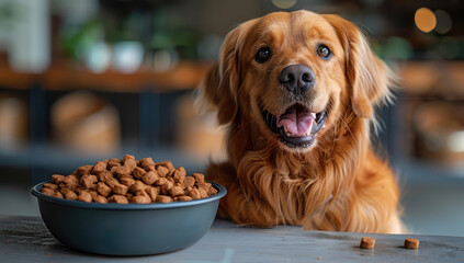 A happy golden retriever dog with its head tilted and mouth open, sitting next to bowl of dry food on the floor. Created with Ai