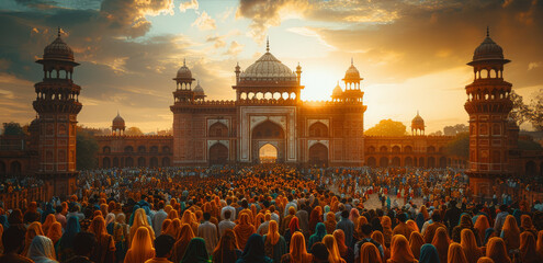 A massive gathering at an iconic Indian architectural site, bathed in golden light, celebrating a significant cultural or national event.