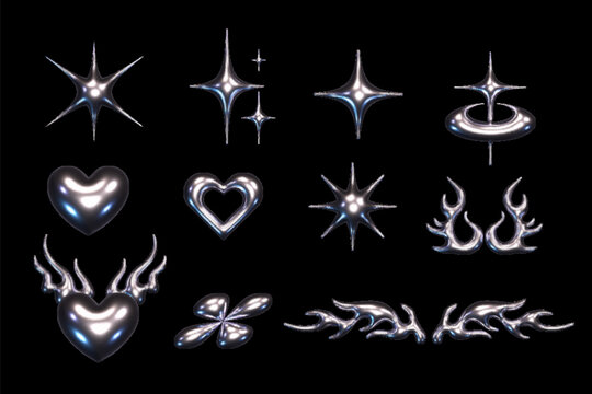 3D chrome y2k elements. Metallic chrome abstract silver space icons set.  Set of metallic vector y2k retro elements