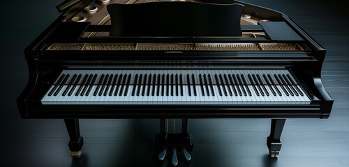Fototapeta na wymiar A panoramic shot of an ebony grand piano, its keys glowing softly under ambient lighting, against a luxurious, satin black background, emphasizing the elegance of musical art. 