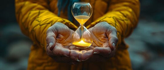 A pair of hands holding a small delicate hourglass representing the philosophical exploration of time and mortality