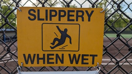 yellow slippery when wet sign at a public park