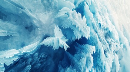 A panoramic view of a frozen landscape, where crystal-like patterns in icy blues and whites stretch...