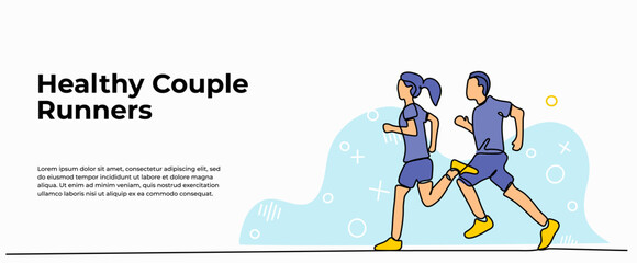 Vector illustration of jogging couple. Modern flat in continuous line style.