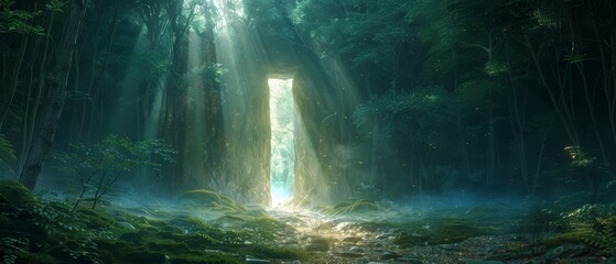 A mystical doorway made of light in a dark forest representing a portal to another dimension filled with magical elements