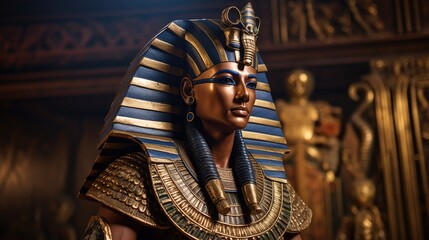 Close-up portrait of an Egyptian pharaoh in royal attire and his entourage. Ancient Egypt concept....