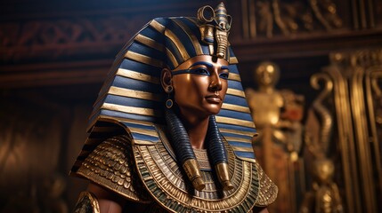 Fototapeta premium Close-up portrait of an Egyptian pharaoh in royal attire and his entourage. Ancient Egypt concept. Ai-generated.