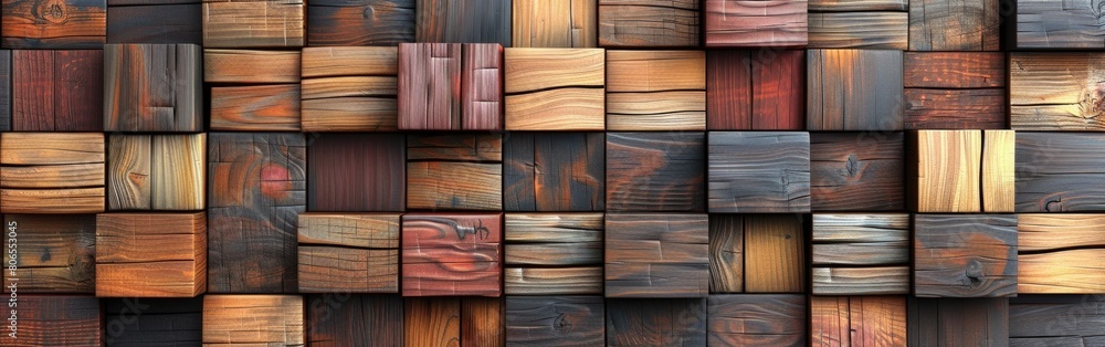 Poster wall constructed using different colored wooden planks creating a vibrant and unique pattern