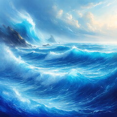Seascape sonata: a breathtaking artwork immortalizing the beauty of waves crashing under a moody sky
