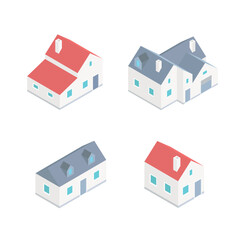 Cottages isometric. Houses small villages residential towns facades garish vector buildings. Private houses set isolated isometry icons on white background.