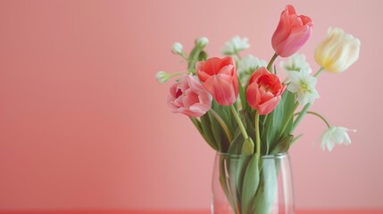 Fresh tulips and daffodils in a vase against a pink backdrop, mother's day, teachers day, fathers day, memorial day background