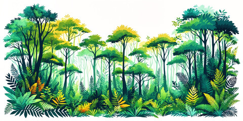 The illustration is of a lush, green forest filled with trees and ferns. The scene is intended to evoke a sense of nature and tranquility, as well as the lushness and richness of the forest ecosystem - obrazy, fototapety, plakaty