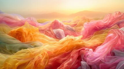 A panoramic view of silk threads, magnified to reveal a landscape of interwoven fibers in a...