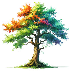 Fototapeta premium A colorful, rainbow-colored tree with various shades of green and orange foliage. The tree appears to be very large and filled with a multitude of leaves, creating a vibrant and lively scene.