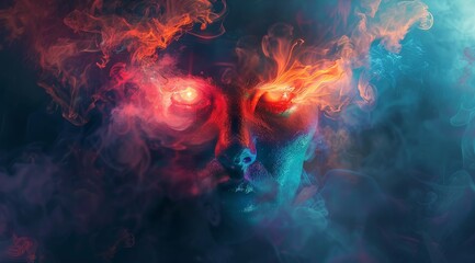 Fototapeta premium colorful smoke swirls around human head, red eyes glow in the dark background