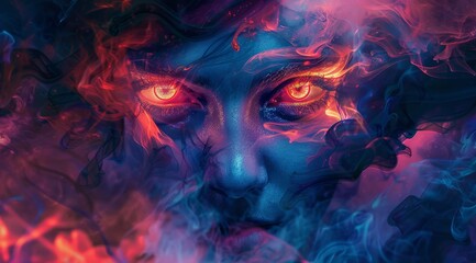 colorful smoke swirls around human head, red eyes glow in the dark background