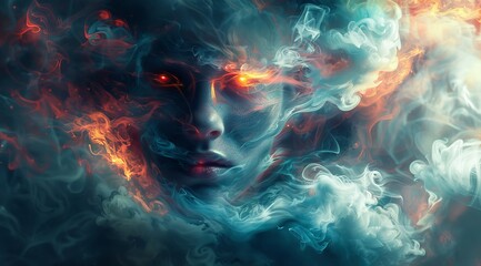 Fototapeta premium colorful smoke swirls around human head, red eyes glow in the dark background